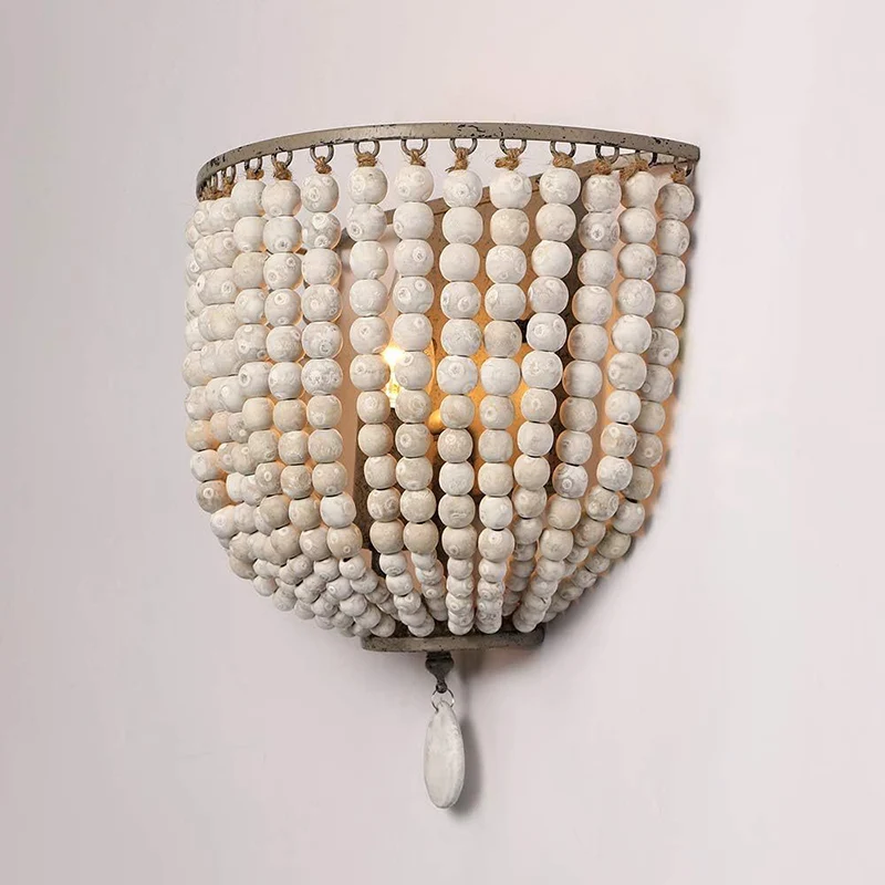 Contemporary Boho Solid Wood Iron Beaded Wall Sconce Lamp For Bedroom & Living Room