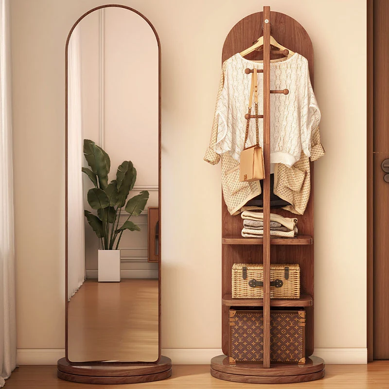Modern Minimalist MDF Round Oval Swivel Full-Length Floor Mirror 3-Tier Storage & Clothes Hanger For Bedroom & Living Room