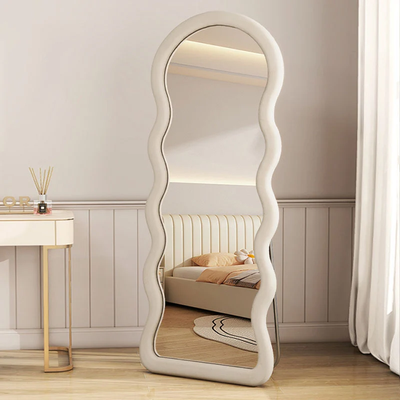 Modern Minimalist Velvet MDF Wave-Shaped Full-Length Floor Mirror With Triangular Support Base & Anti-Slip For Bedroom & Living Room