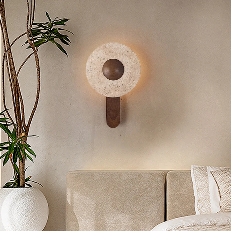 Modern Shabby Chic Yellow Travertine Rubberwood Geometric Combined Shape LED Wall Sconce Lamp For Living Room & Bedroom