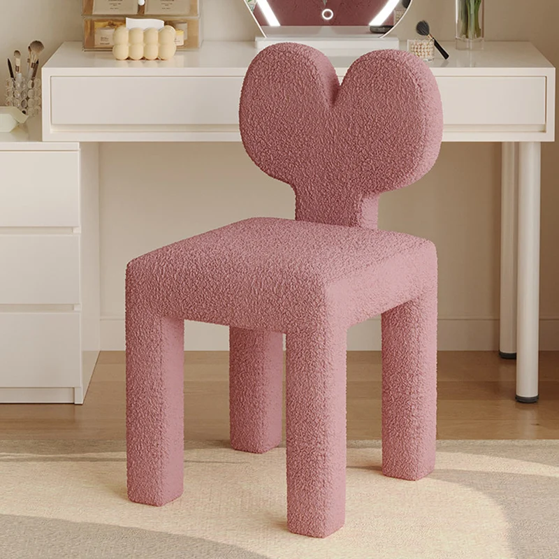Contemporary Creative Sherpa Fabric & Velvet Fabric Iron Frame Heart-Back Cute Vanity Stool With Backrest For Bedroom