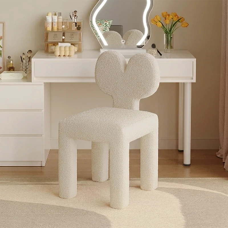 Contemporary Creative Sherpa Fabric & Velvet Fabric Iron Frame Heart-Back Cute Vanity Stool With Backrest For Bedroom