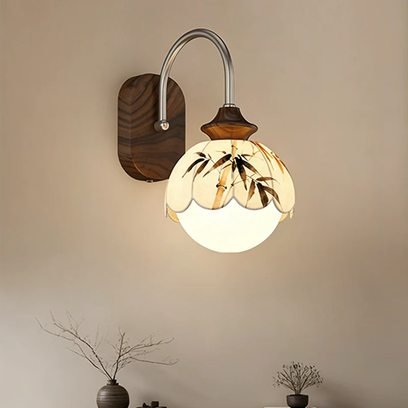 Traditional Chinese Floral Print Iron Fabric Round 1-Light Wall Sconce Lamp For Bedroom